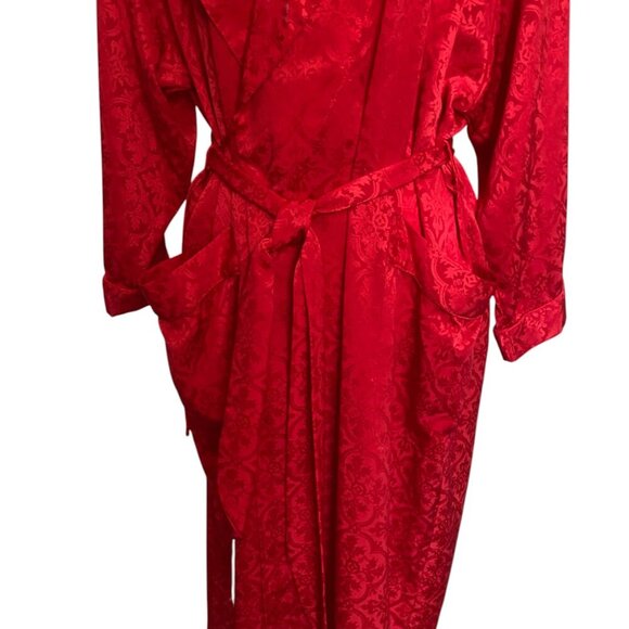 Vintage Natori II Long Red Satin Robe with Floral Embroidery - Picture 5 of 6
